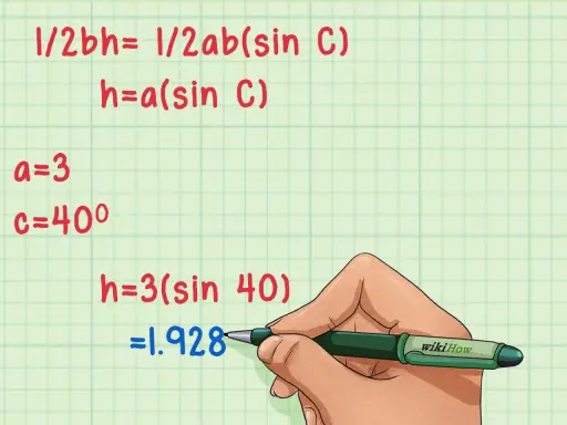 Cálculo de la altura de un triángulo: h=3(sin 40) = 1.928.