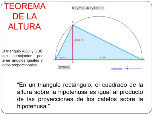 Ilustración del teorema de la altura en un triángulo rectángulo, mostrando la relación entre la altura y las proyecciones de los catetos.