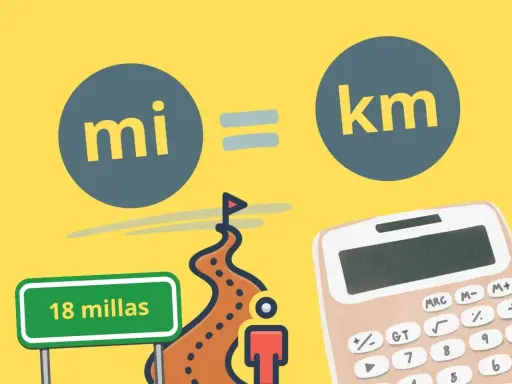 Calculadora lista para pasar millas a km. Un camino con señal de "18 millas" y un viajero marcan el inicio de la conversión.