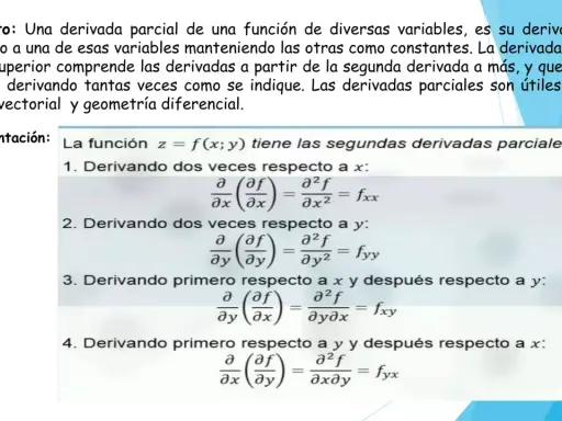 El teorema de Schwarz se ilustra con derivadas parciales de segundo orden de f(x,y), mostrando que el orden de derivación no altera el resultado.