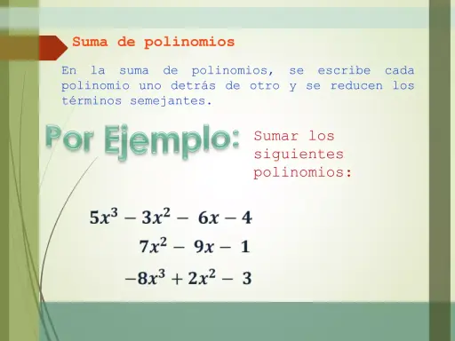 Ejemplo de suma de polinomios: se muestran tres polinomios para sumar: 5x³ - 3x² - 6x - 4, 7x² - 9x - 1 y -8x³ + 2x² - 3.