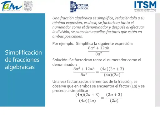 Ejemplo de cómo factorizar fracciones algebraicas para simplificarlas.
