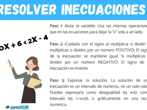 Guía visual para como resolver una inecuación, con pasos claros y un ejemplo.