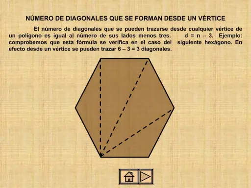 Un hexágono tiene 3 diagonales desde cada vértice. La fórmula es d = n - 3.