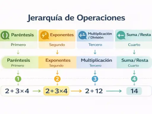 Diagrama de la jerarquía de operaciones: Paréntesis, Exponentes, Multiplicación/División, Suma/Resta. Muestra cómo resolver ejercicios paso a paso.