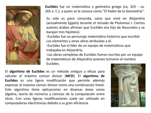 Pintura de Euclides, matemático griego, y texto que explica el algoritmo de Euclides, un método para calcular el máximo común divisor.