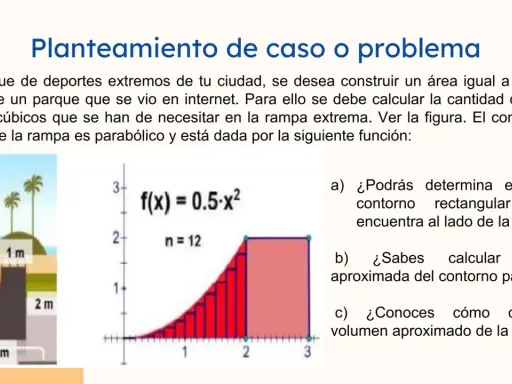 Gráfico de una rampa parabólica con rectángulos para calcular el área bajo la curva.