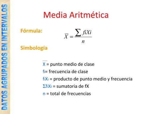 Fórmula para calcular la media aritmética: suma de productos de punto medio y frecuencia, dividida por el total de frecuencias.