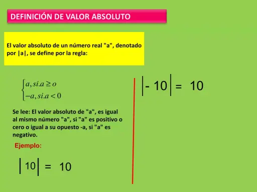 Definición de valor absoluto y ejemplos de ecuaciones con valor absoluto. Se muestra la regla para calcularlo y un ejemplo con |10| = 10.