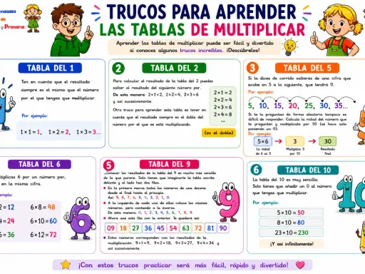 Trucos para aprender las tablas de multiplicar, incluyendo la tabla del 8. Ilustraciones de niños y números animados.