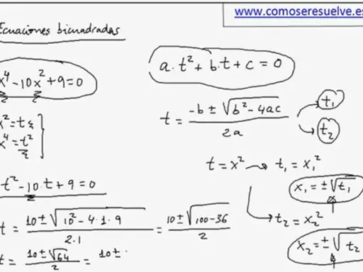 Ejercicios de ecuaciones bicuadradas: se muestra la resolución de x⁴ - 10x² + 9 = 0, transformándola en una ecuación de segundo grado.