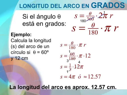 Calculando la longitud de un arco de circunferencia con ángulo en grados. Ejemplo: arco de 60° y radio 12 cm.