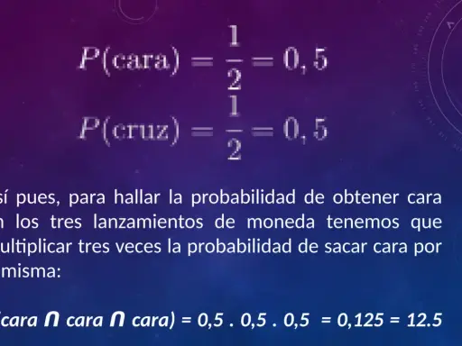 Probabilidad de cara y cruz es 0,5. Para hallar la probabilidad de tres caras seguidas, se aplica la regla del producto: 0,5 x 0,5 x 0,5 = 0,125.