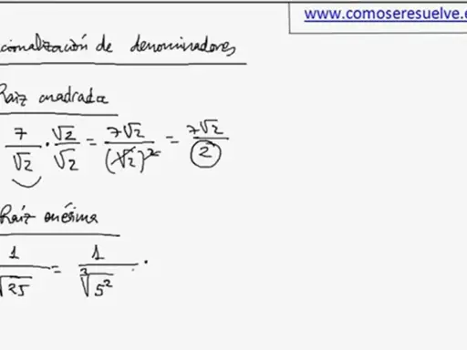 Ejemplos de ejercicios de racionalización de denominadores con raíz cuadrada y raíz enésima.