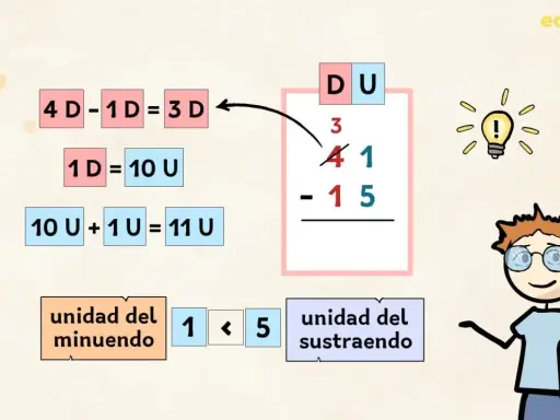 Ilustración de restas con llevadas divertidas, mostrando el proceso de descomposición de decenas en unidades para resolver 41 - 15.