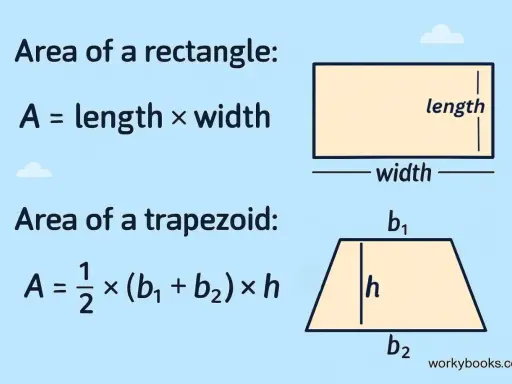 Fórmulas para calcular el área de un rectángulo (largo por ancho) y un trapecio (promedio de bases por altura).