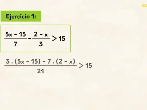 Ejercicio 1: cómo resolver inecuaciones. Se muestra la inecuación (5x-15)/7 - (2-x)/3 > 15 y un paso intermedio.