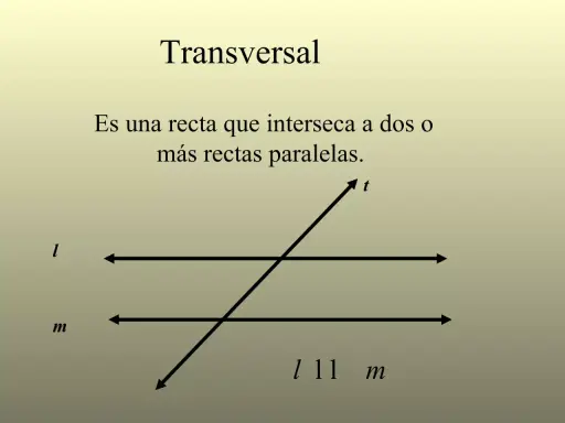 Una recta transversal 't' cruza dos rectas paralelas 'l' y 'm'.