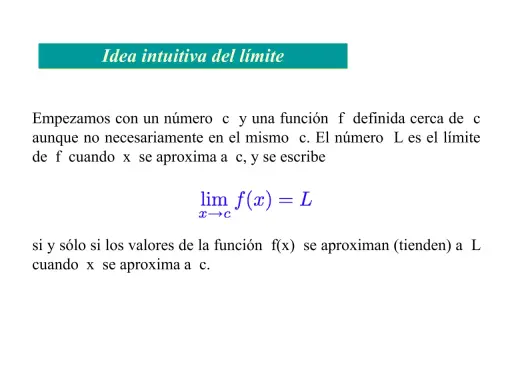 La imagen muestra la **fórmula número e** en el contexto de la idea intuitiva del límite. Explica que L es el límite de f(x) cuando x se aproxima a c.