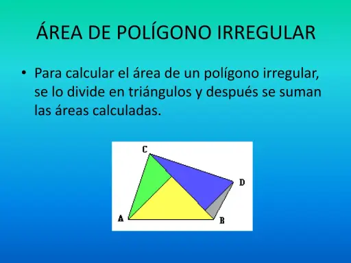 Ilustración de un polígono irregular dividido en triángulos de colores para calcular su área.