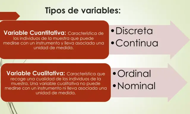 Clasificación de tipos de variables estadísticas: cuantitativas (discreta, continua) y cualitativas (ordinal, nominal).