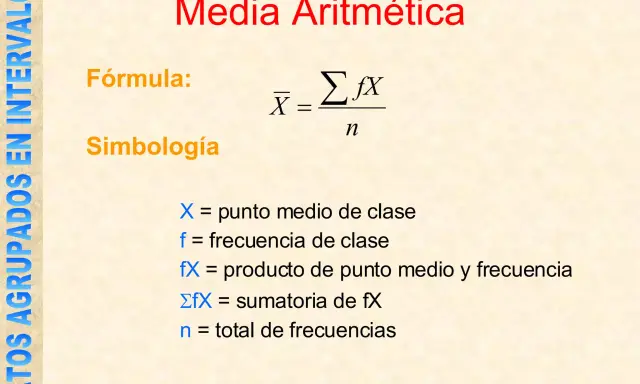 La **media aritmética** se calcula sumando los productos de punto medio y frecuencia, dividiendo entre el total de frecuencias.