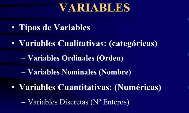 Tipos de variables: cualitativas (categóricas, ordinales, nominales) y cuantitativas (discretas, continuas).