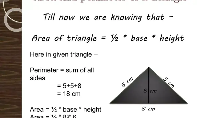 La fórmula del área de un triángulo se muestra con un triángulo de 5 cm, 5 cm, 8 cm y altura de 6 cm.