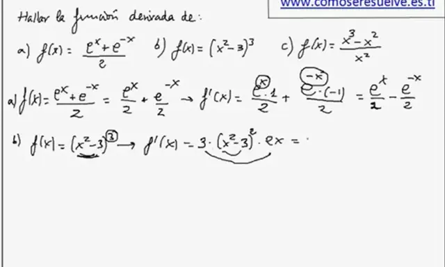 Ejemplos de cálculo de la derivada de e^x y otras funciones. Se muestran las derivadas de f(x) = (e^x + e^-x)/2 y f(x) = (x^2 - 3)^3.
