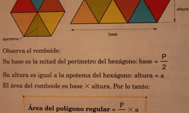 Un hexágono dividido en triángulos y un romboide formado por triángulos. Se explica la fórmula del triángulo para el área de un polígono regular.
