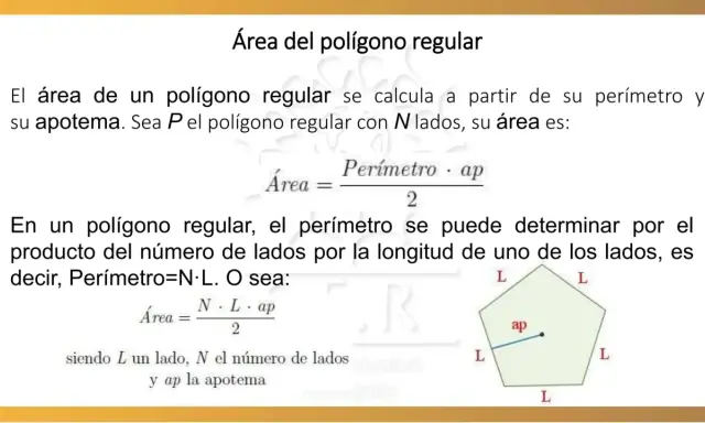 Ejercicios de áreas de polígonos regulares: fórmulas y diagramas explican cómo calcular el área usando perímetro y apotema.