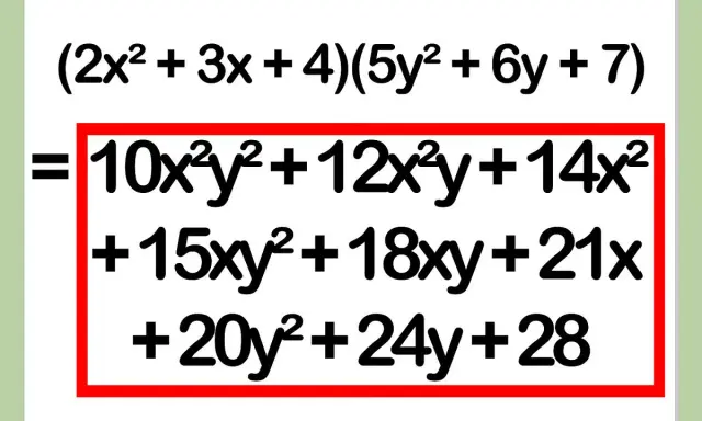 Ejemplo de cómo multiplicar polinomios: (2x² + 3x + 4)(5y² + 6y + 7) = 10x²y² + 12x²y + 14x² + 15xy² + 18xy + 21x + 20y² + 24y + 28.