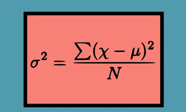 El símbolo de varianza σ² se calcula sumando las diferencias al cuadrado entre cada dato (x) y la media (μ), dividido por el número total de datos (N).