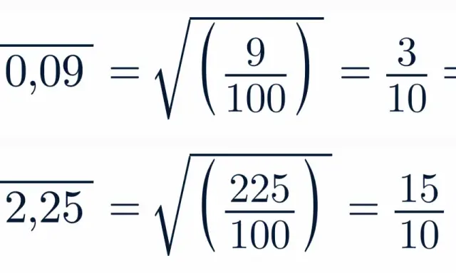 Ejemplos de raíces cuadradas exactas: √0,09 = 3/10 = 0,3 y √2,25 = 15/10 = 1,5.