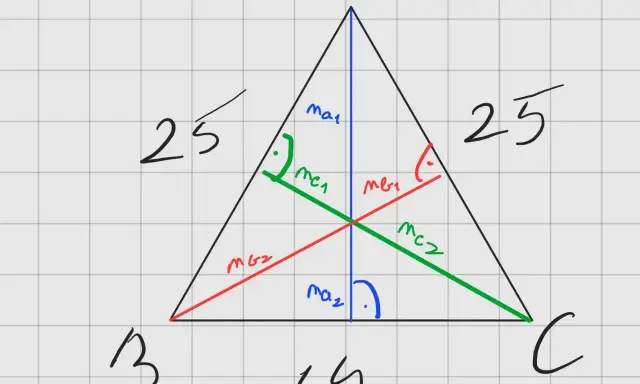 Triángulo isósceles con lados de 25 y base de 14. Se ilustra cómo se calcula la altura de un triángulo isósceles usando el teorema de Pitágoras.