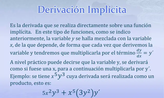 Ejemplo de derivación implícita: se explica cómo derivar funciones donde las variables están mezcladas, mostrando un ejemplo práctico con la expresión 5x²y³ + x⁵(3y²)y'.