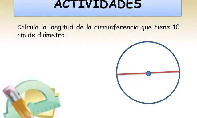 Actividad: calcula el perímetro de un círculo con 10 cm de diámetro. Se muestra un círculo con su diámetro y herramientas de dibujo.