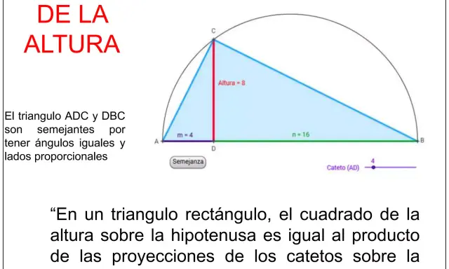 Ilustración del teorema de la altura en un triángulo rectángulo, mostrando la relación entre la altura y las proyecciones de los catetos.