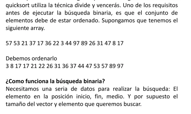 Texto explica la búsqueda binaria, un algoritmo que requiere datos ordenados. Muestra un array desordenado y su versión ordenada.