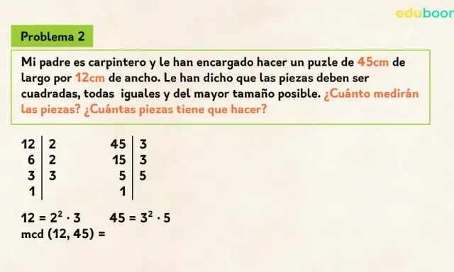 Problema de carpintería para calcular el mcd de 45 y 12, buscando el mayor tamaño de piezas cuadradas para un puzle.