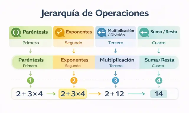 Diagrama de la jerarquía de operaciones: Paréntesis, Exponentes, Multiplicación/División, Suma/Resta. Muestra cómo resolver ejercicios paso a paso.