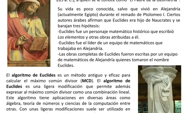 Pintura de Euclides, matemático griego, y texto que explica el algoritmo de Euclides, un método para calcular el máximo común divisor.