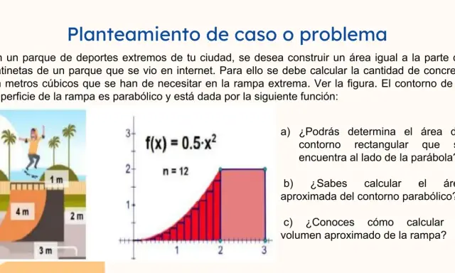 Gráfico de una rampa parabólica con rectángulos para calcular el área bajo la curva.