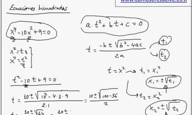 Ejercicios de ecuaciones bicuadradas: se muestra la resolución de x⁴ - 10x² + 9 = 0, transformándola en una ecuación de segundo grado.