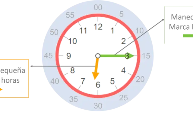 Reloj con manecillas: la pequeña marca las horas (cerca del 7) y la grande los minutos (en el 3).