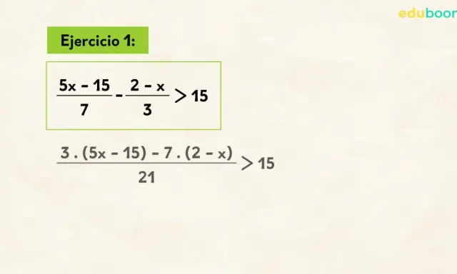 Ejercicio 1: cómo resolver inecuaciones. Se muestra la inecuación (5x-15)/7 - (2-x)/3 > 15 y un paso intermedio.