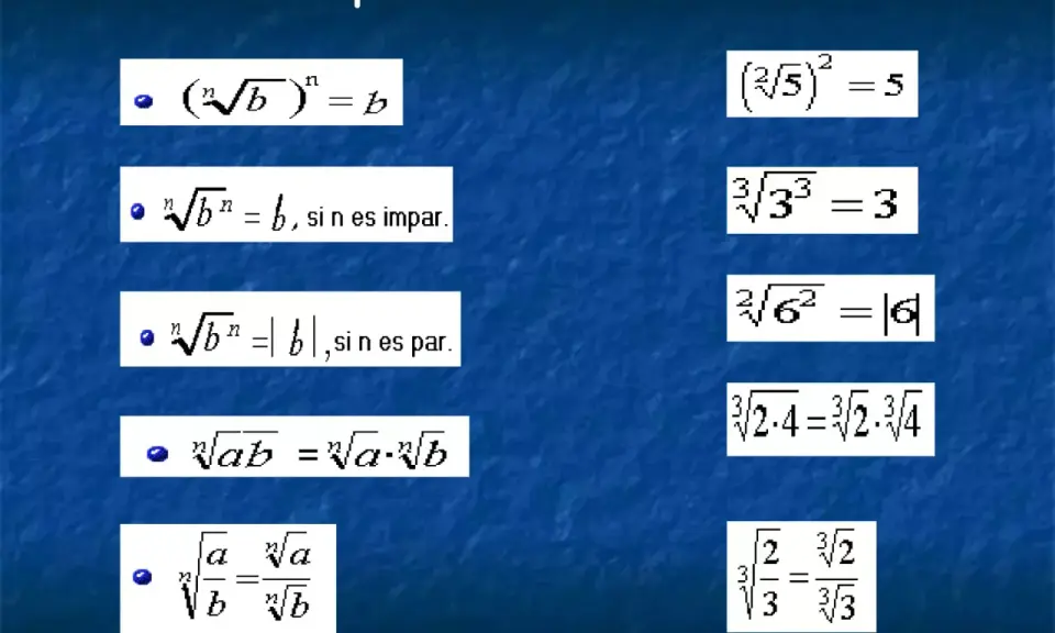 Propiedades de los radicales: (n√b)ⁿ = b, ⁿ√bⁿ = b (si n es impar), ⁿ√bⁿ = |b| (si n es par), ⁿ√ab = ⁿ√a ⋅ ⁿ√b, ⁿ√a/b = ⁿ√a / ⁿ√b.