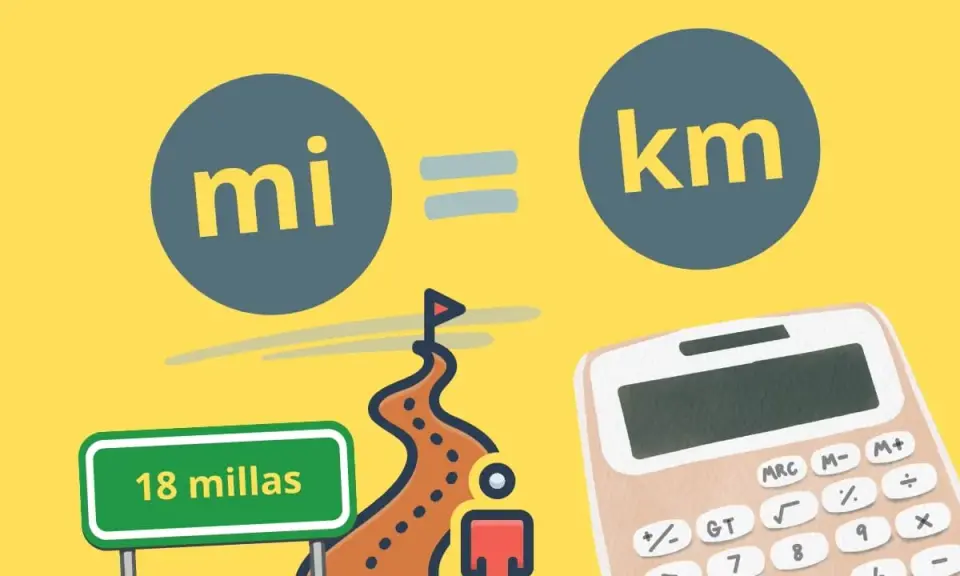 Calculadora lista para pasar millas a km. Un camino con señal de "18 millas" y un viajero marcan el inicio de la conversión.