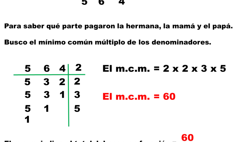Ejercicios de mínimo común múltiplo para sumar fracciones. Se calcula el m.c.m. de 5, 6 y 4, que es 60.