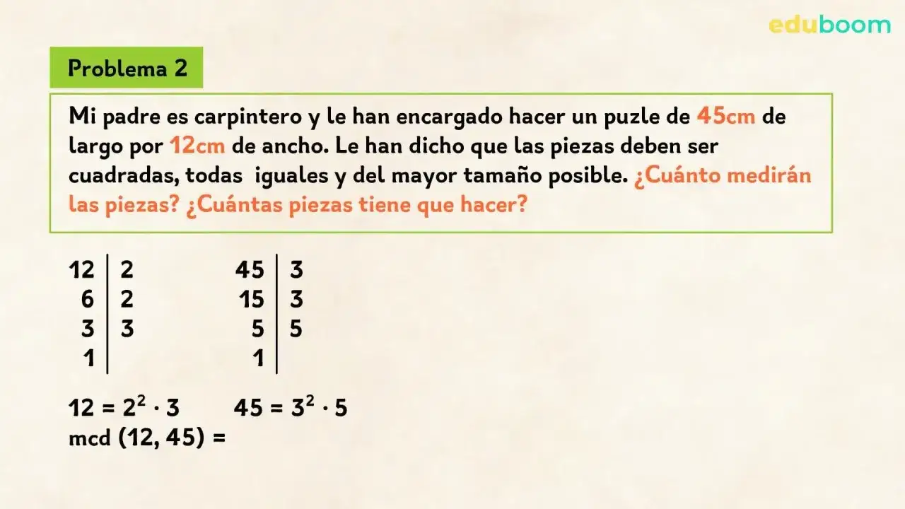 Problema 2: Un carpintero debe hacer un puzle de 45cm x 12cm con piezas cuadradas del mayor tama&ntilde;o posible. Se calculan los factores primos de 12 y 45 para hallar el m&aacute;ximo com&uacute;n divisor.